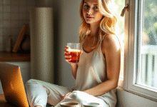 "Young woman practicing morning wellness with organic ashwagandha root"